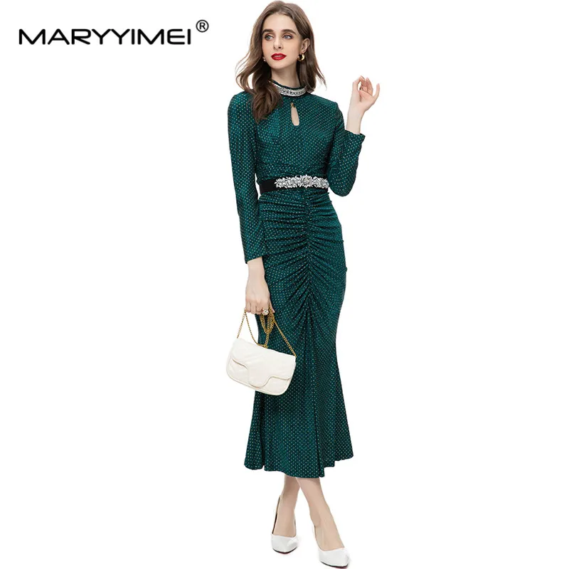 MARYYIMEI New Fashion Runway Designer Women's Stand Up Collar Long Sleeved Detachable Waistband Rivet Green Fishtail Dress