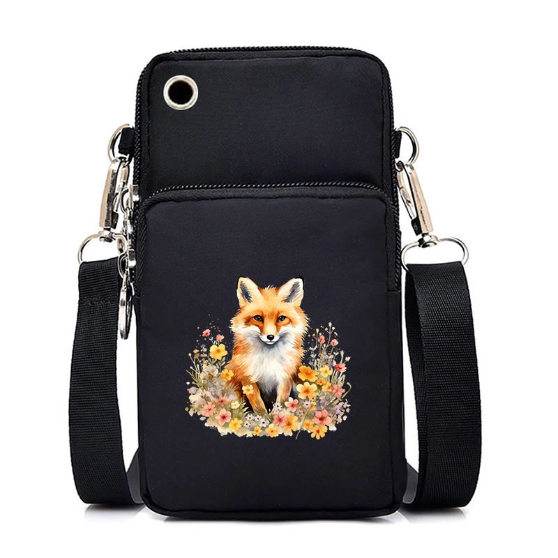 Flower Fox Print Mini Mobile Phone Bag Women Cute Sheep Floral Vertical Handbag Heart Flower Cartoon Animal Lover Shoulder Bags