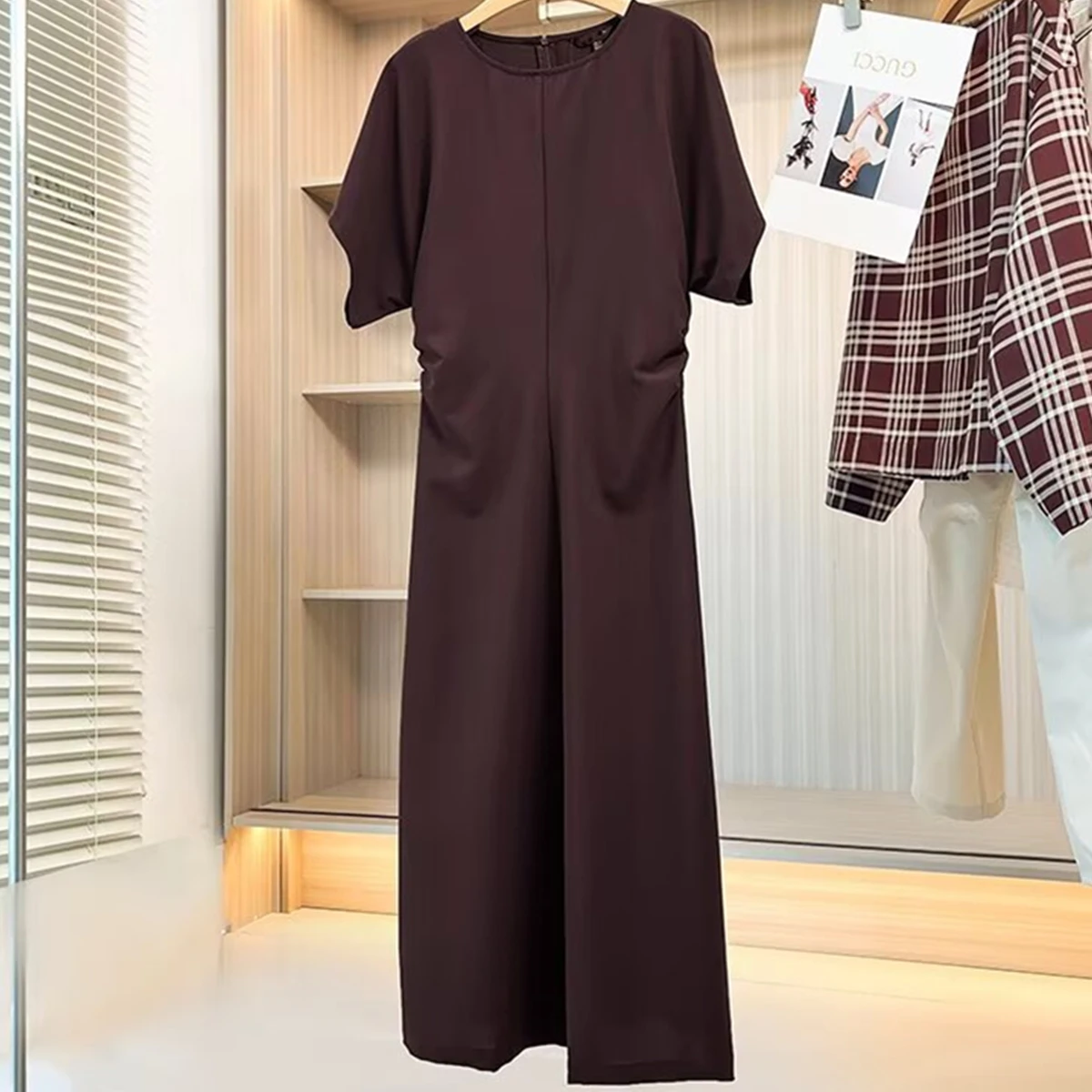 

Maxdutti Nordic Minimalist Reddish Brown Round Neck Cotton Dress Women Summer Short Sleeve Elegant Casual Poplin Dress Female