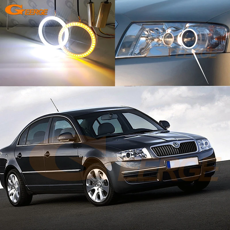 

For Skoda Superb I 3U 2001 - 2003 2004 2005 2006 2007 2008 Ultra Bright Switchback DRL Turn Signal LED Angel Eyes Kit Halo Rings