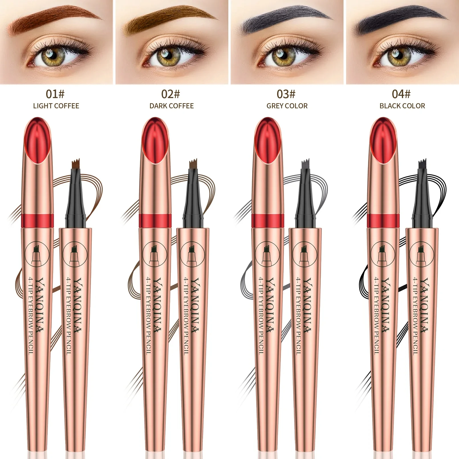 YANQINA-4 Color Sobrancelha Lápis, Quatro Garra Líquido, Sobrancelha Liner, Impermeável, Durável, Tint Enhancer, Caneta, 24h, Novo, Hot Venda