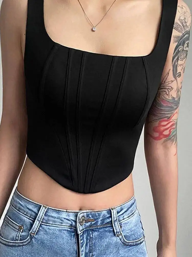 Verão colheita sexy pescoço quadrado apertado sem costas curto topo sem mangas regatas feminino casual cor sólida camisola básica