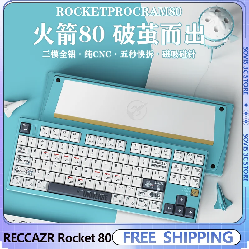 

RECCAZR Rocket80 Механическая клавиатура Беспроводная игровая клавиатура из алюминиевого сплава с ЧПУ Трехрежимная прокладка Bluetooth RGB с возможностью горячей замены Пользовательская игровая клавиатура