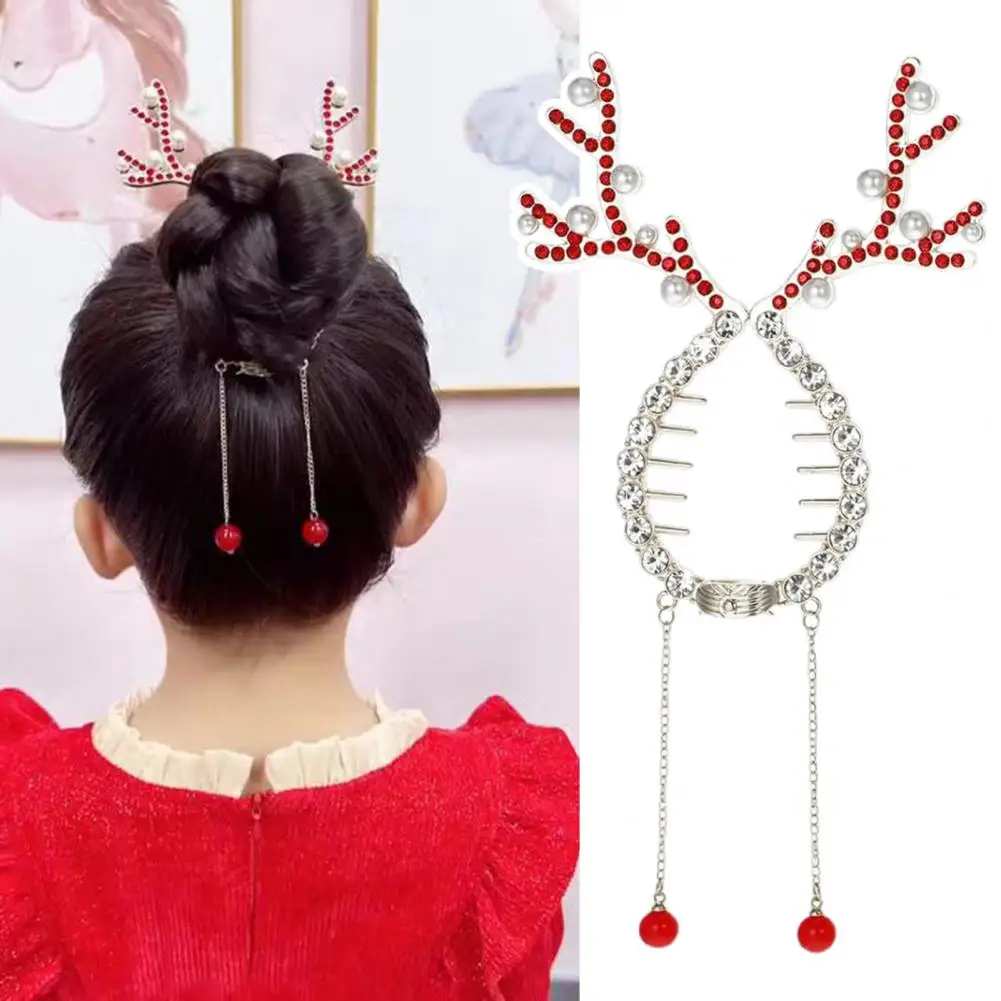 Christmas Reindeer Hairpin Festive Christmas Reindeer Hair Accessories Set with Rhinestones Pearls Ponytail Bun Holder for Women