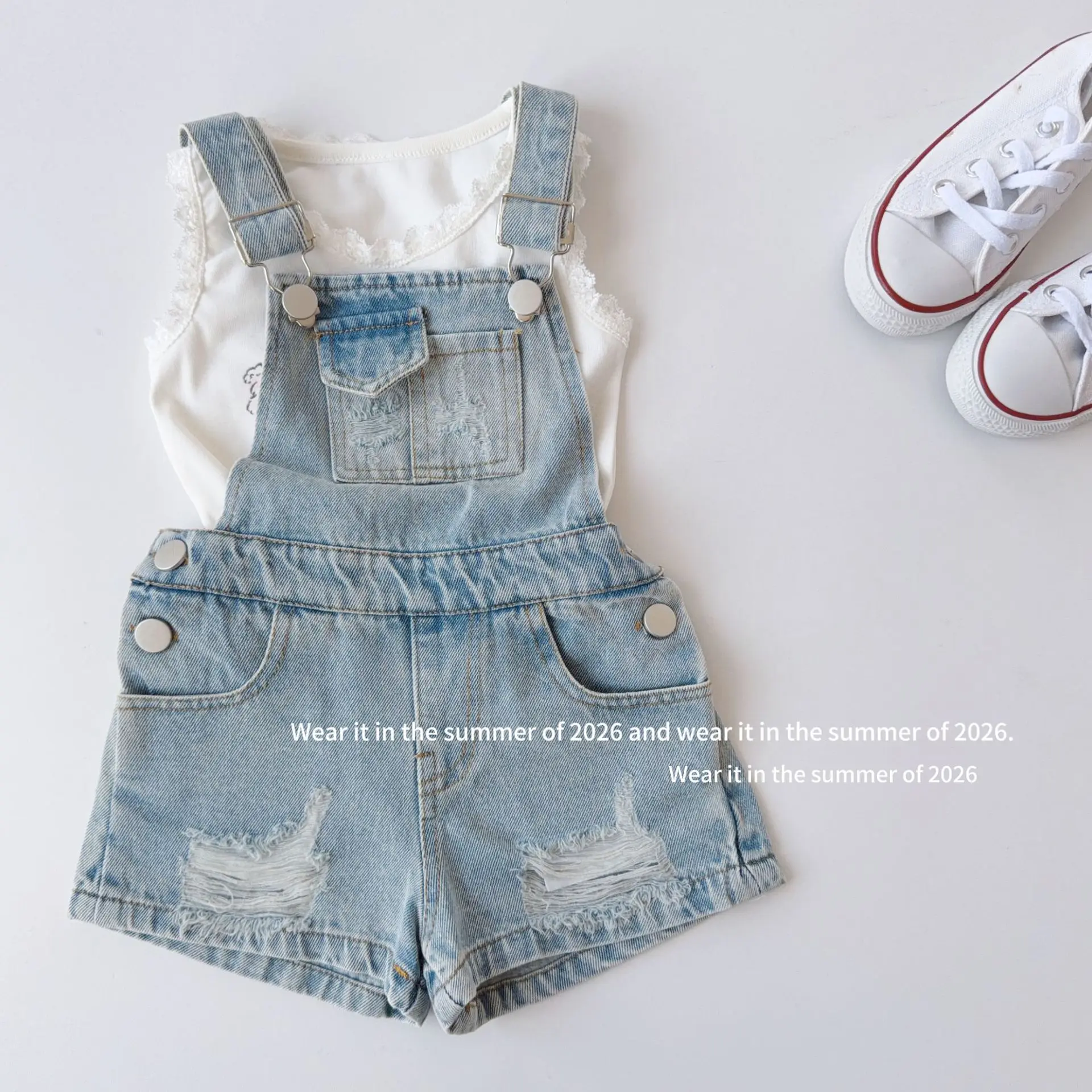 Girls Shorts 2026 Spring and Summer New Children's Clothing Korean Style Girl Baby Retro Broken Hole Denim Suspenders