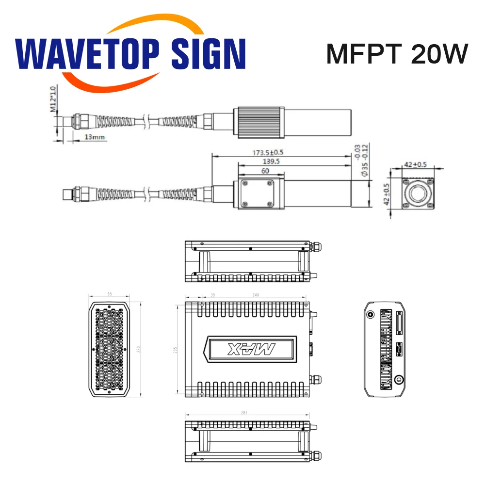 WaveTopSign MAX MFPT 20-100W MOPA Lebar Pulsa Disesuaikan Sumber Laser Serat Berdenyut 24VDC untuk Mesin Penanda Laser Serat