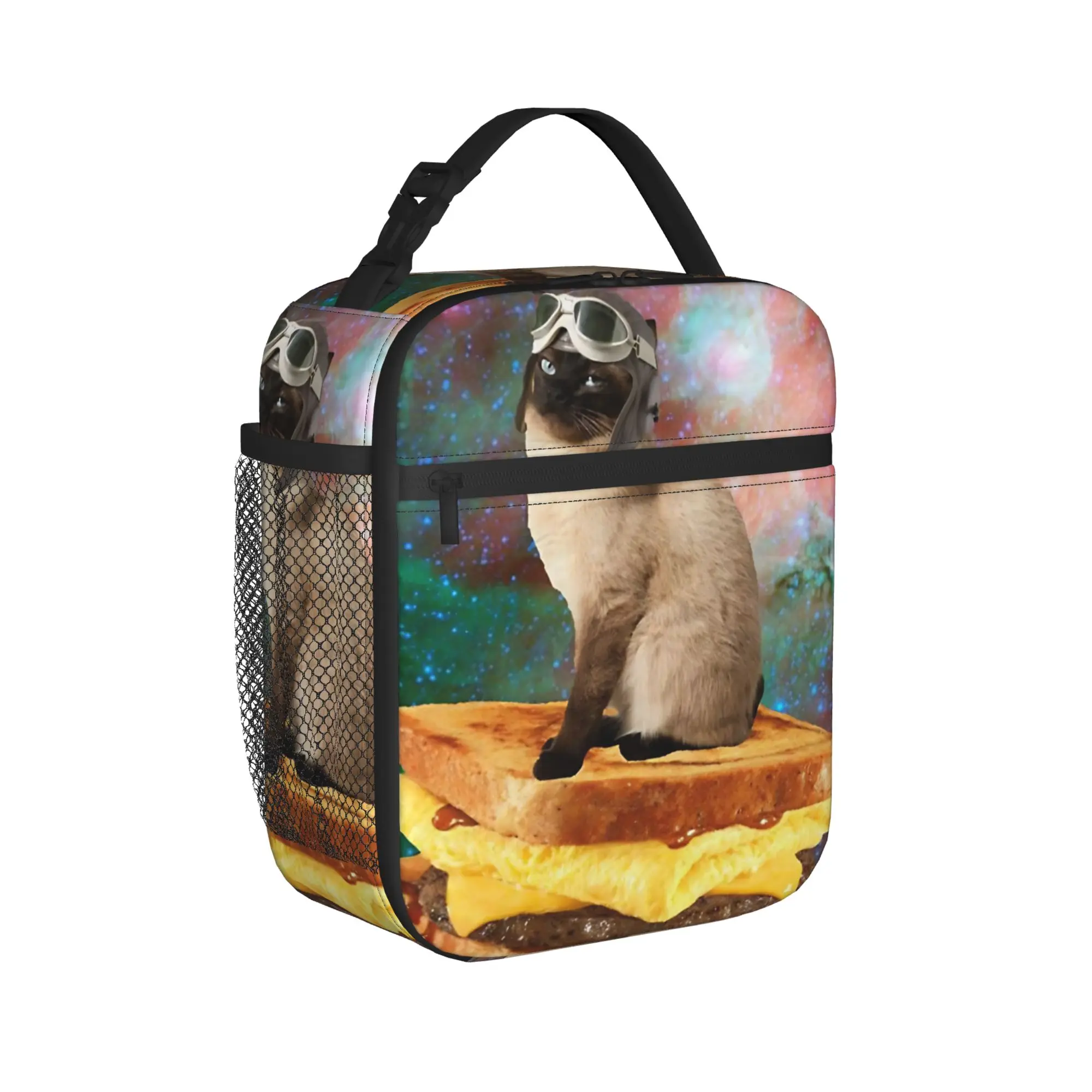 breakfast cat rider  Insulated Lunch Bag Leakproof Hamburger Space Cat Reusable Cooler Bag Tote Lunch Box Food Handbags