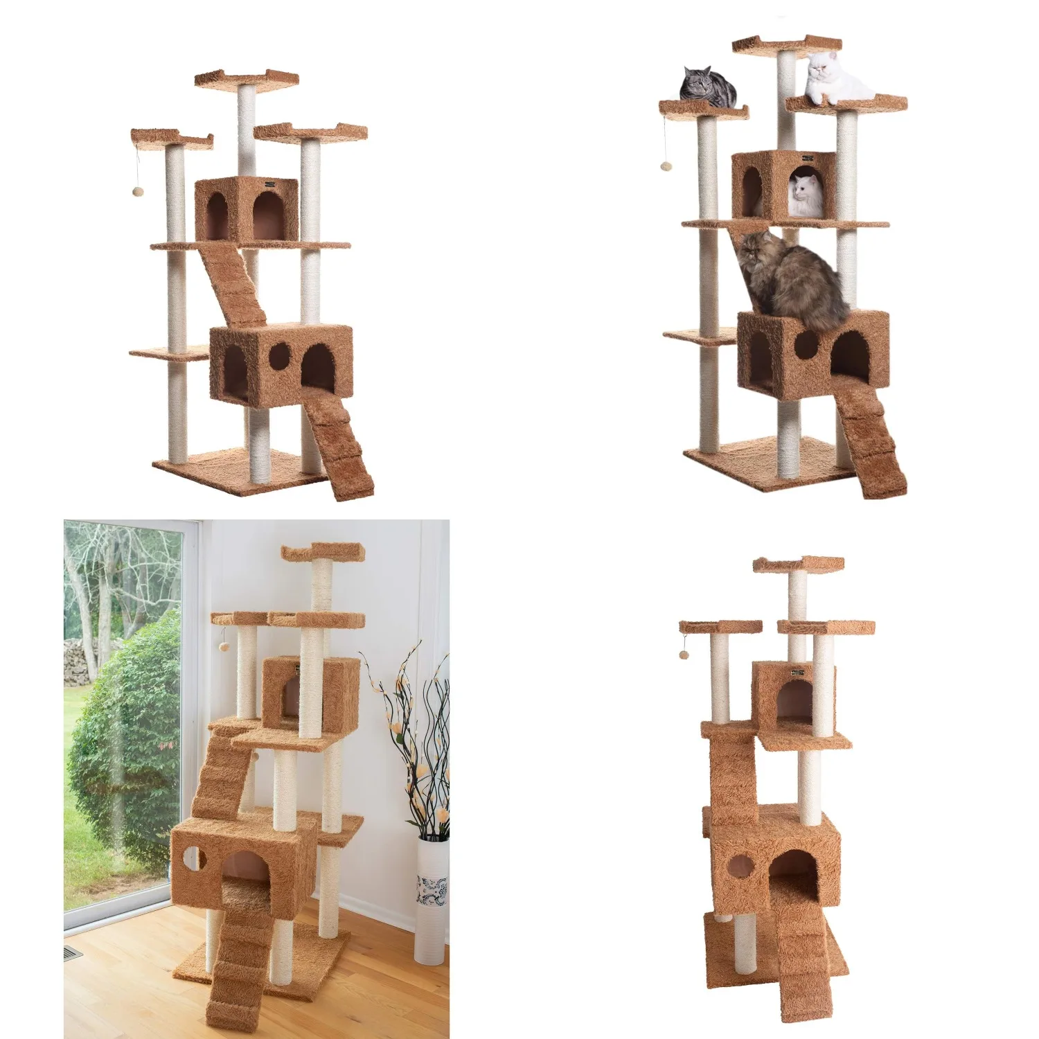

Large 74" Cat Tree, Real Wood Cat House for Family with Couple Cats, Brown (A7407), Customized
