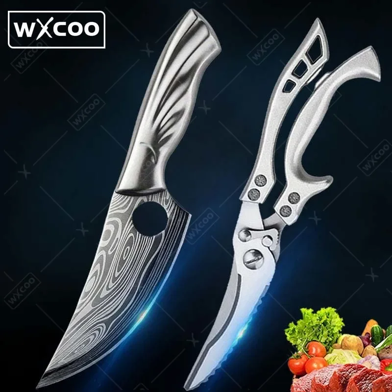 

2 Pcs,Vegetable Knife Boning Knife Damascus Laser Chef Knife Meat Cleaver Pocket Chicken Bone Scissors Kitchen Scissors