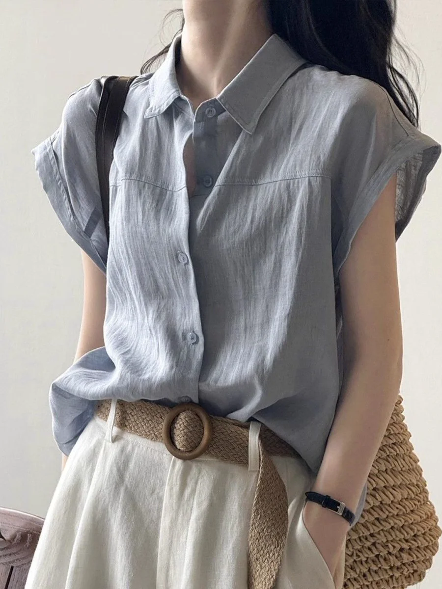 

Summer 2026 Women's Blue Short Sleeve Shirt Commute Style Loose Fit Polyester Fiber Fly Sleeve Casual Elegant Top