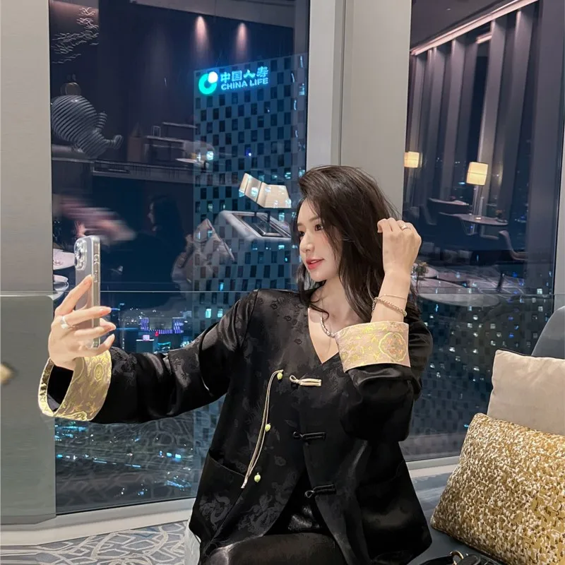 

New Chinese style satin acetate jacquard coat women disc casual blouse