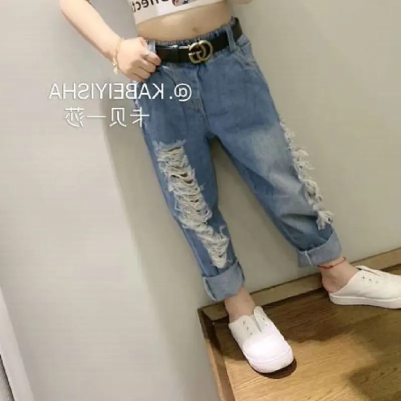 Boys and Girls Pants Side Seam Ripped Jeans Long Pants25Summer and Autumn New Fashion Foreign Trade Children's Clothing Wholesal