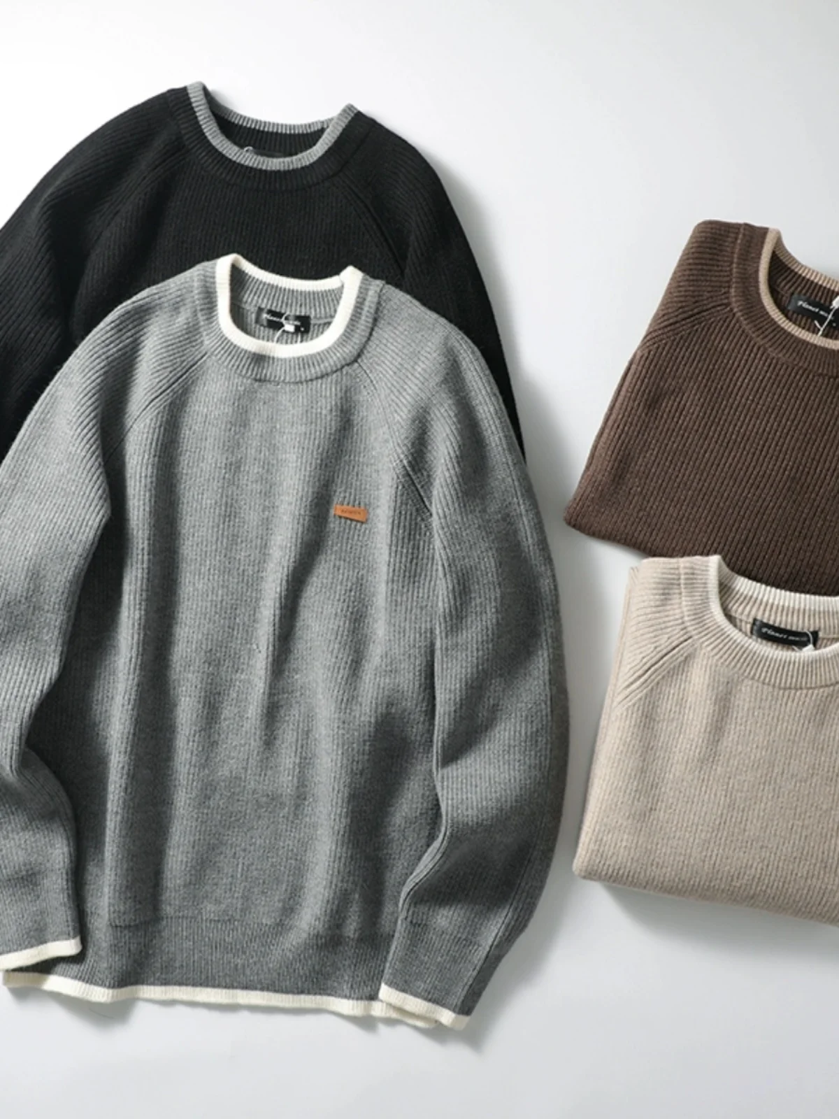 

Retro Japanese Sle Knitted Sweater Faionable Color Blo round Ne oulder Insertion Long Sve Men's Winter Woolen Top