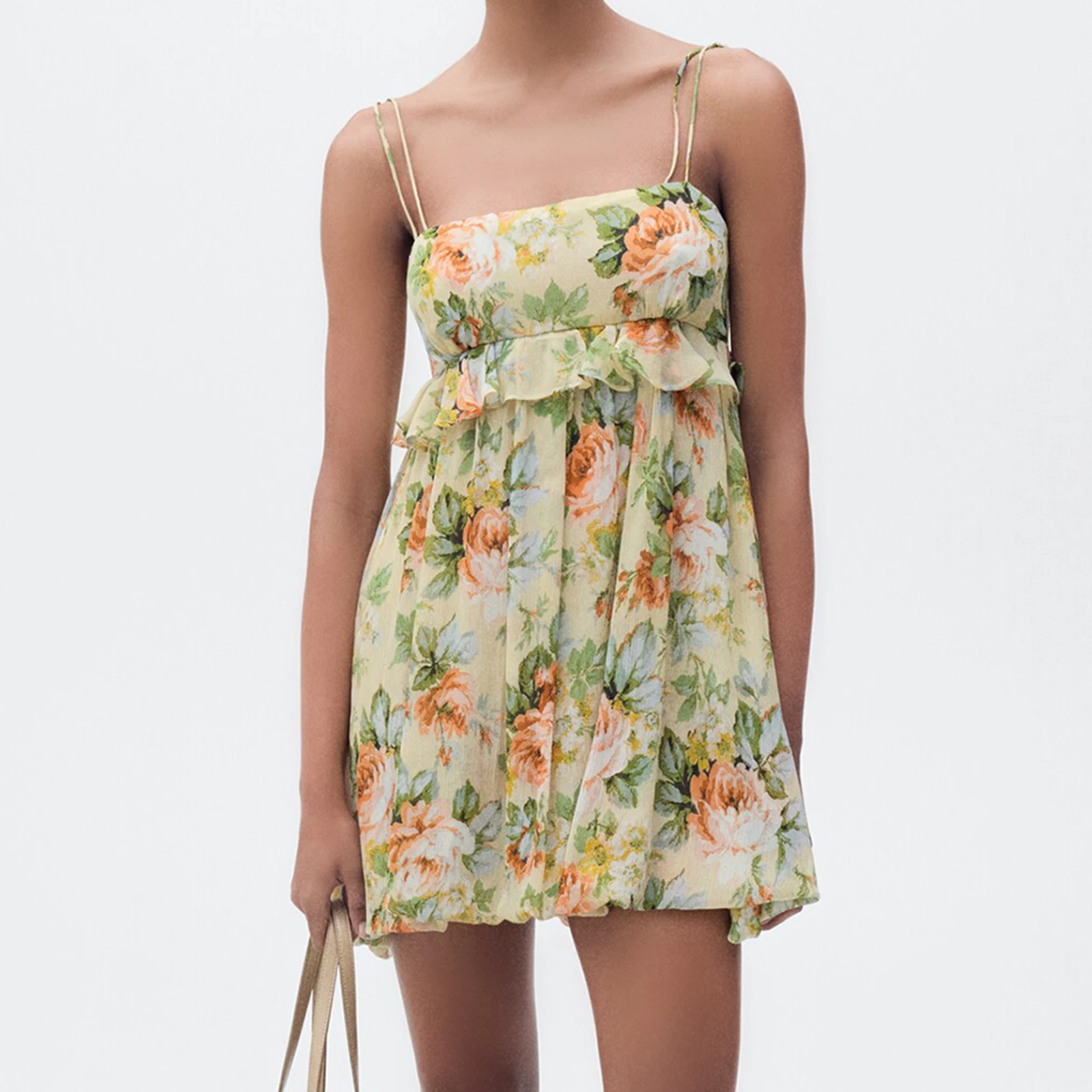 Combhasakiผู้หญิงดอกไม้พิมพ์สแควร์คอเอวสูงRuffle Trimสปาเก็ตตี้บางผูกสั้นBackless A-Line Camiชุด