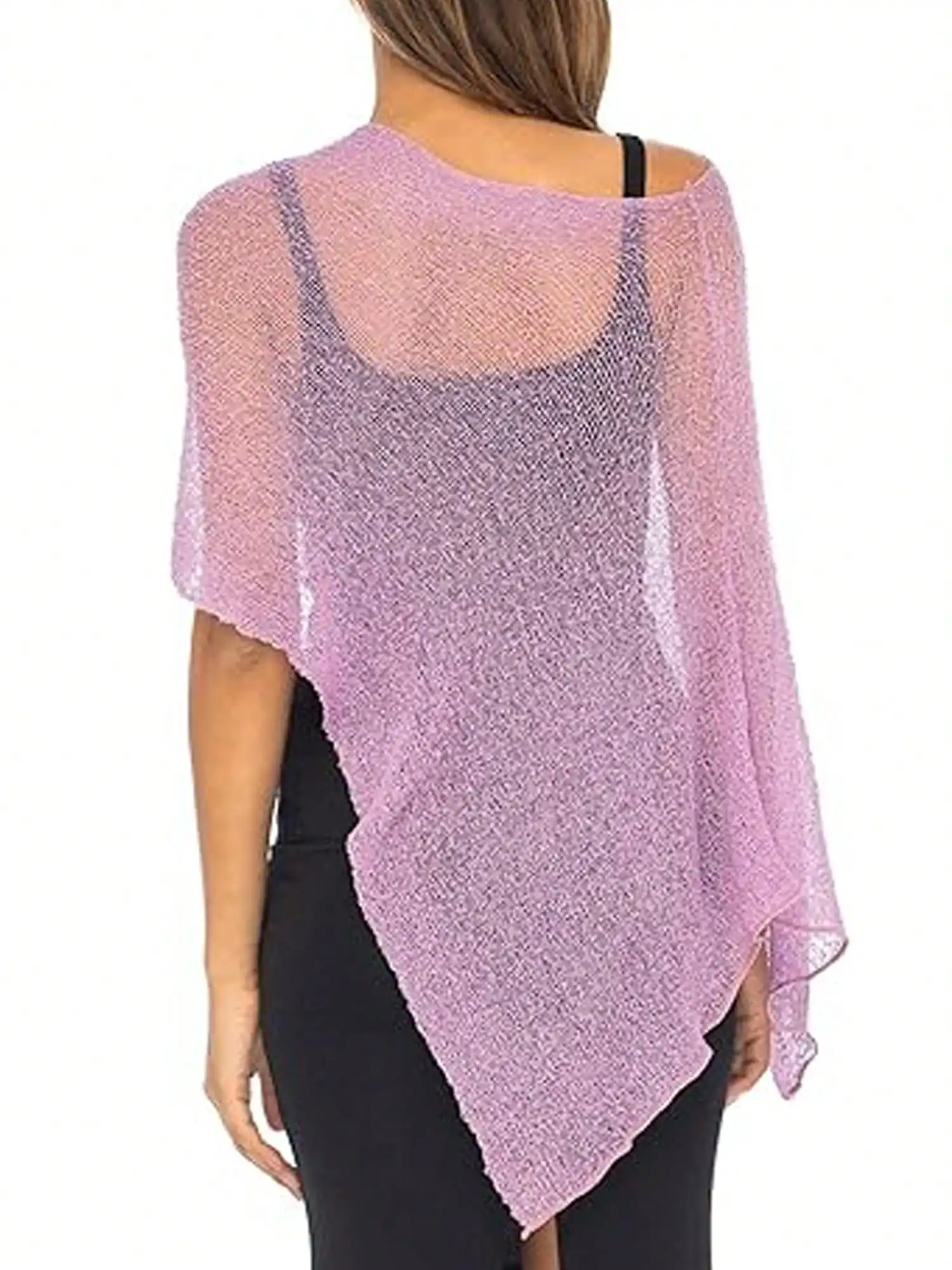 

Women Sheer Knit Poncho Off Shoulder Asymmetric Shrug Lightweight See Through Cover Up Beach Top