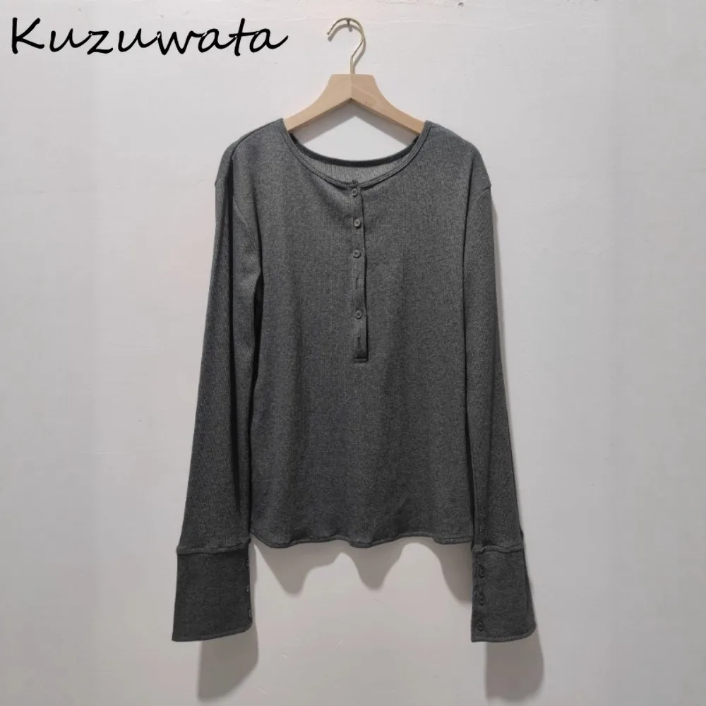 

Kuzuwata Simple Minority Lazy Loose T-shirt Long Sleeve O Neck Moda Solid Women Mujer Japan Pullover Casual Soft All-match Top