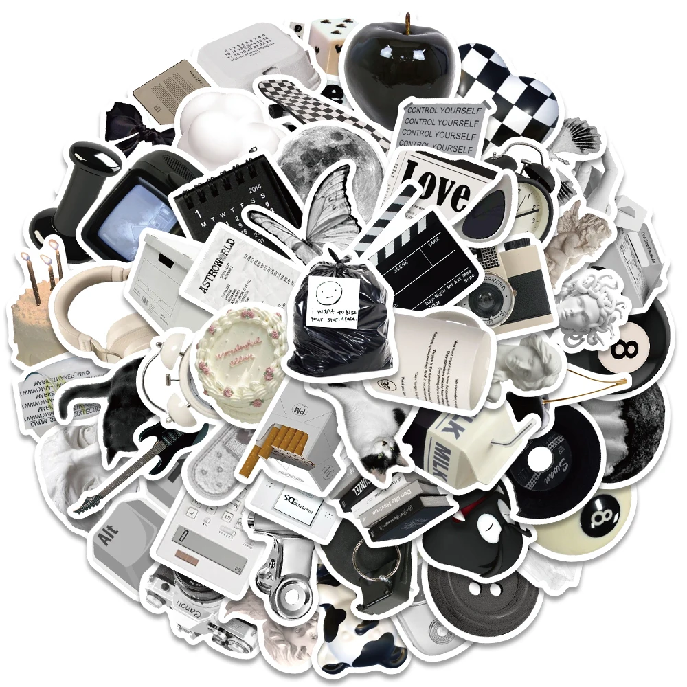 50PCS Ins Style Apathy Black White Simple Decals Cute Stickers Aesthetic Phone Notebook Suitcase Laptop Fridge Wall Sticker