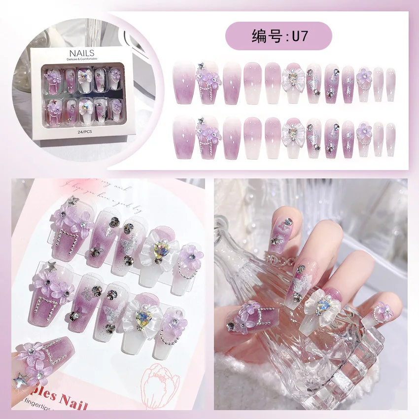 24 Stks/doos Paarse Gradiënt Bloei Nep Nagels Lange Kist Kawaii Glitter Diamant Pers Op Nagel Tips Met Ab Kristallen Boog Paarse Tips