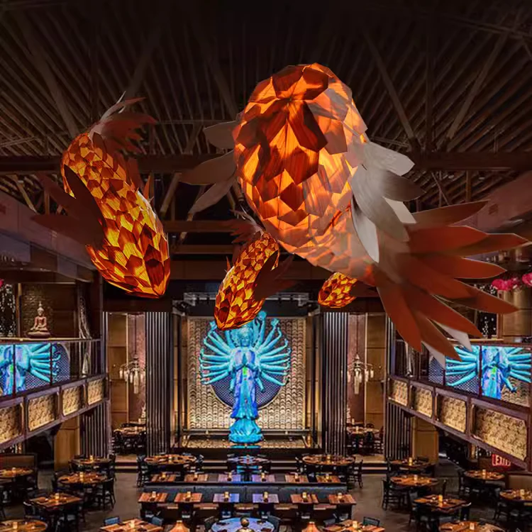 Customized Modern Large Indoor Wooden Fish LED Pendant Light Adjustable Height for Hotel Lobby Bar Club or Restaurant Decor