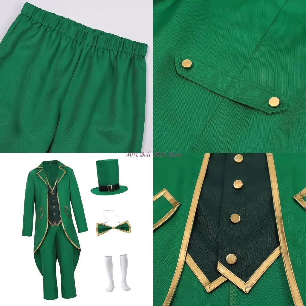 

49ME Leprechaun Hat Sterevunk Tailcoat Jackets Bowtie Stockings St. Patrick's Day Costumes Accessories Set Halloween Costume