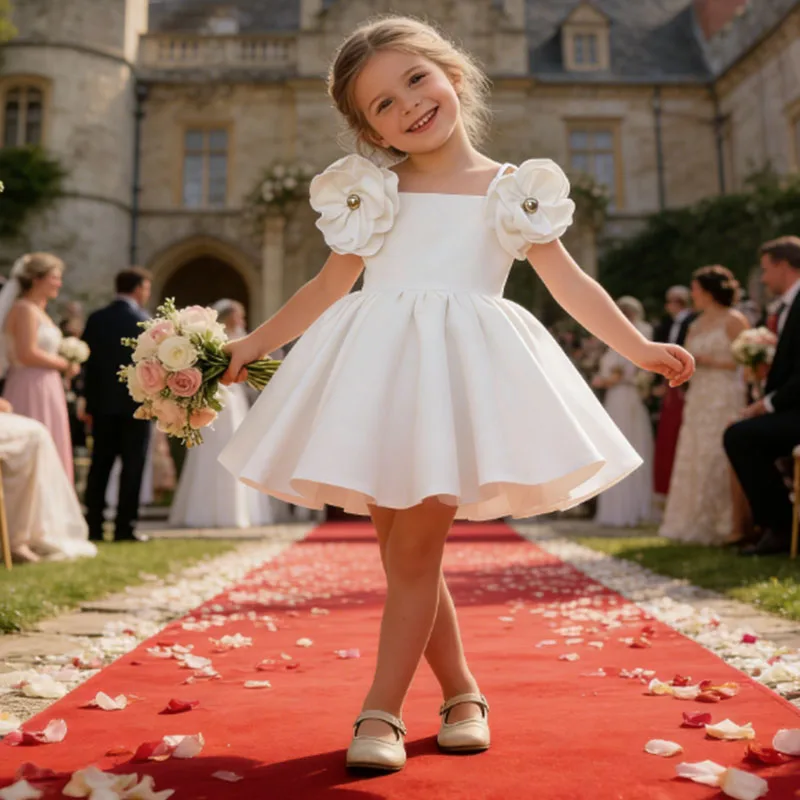 Kids Dresses For Girls Evening Party Dress Elegant Princess Dress Flowers Kids White Wedding Dress 2022 Summer Children Clothing