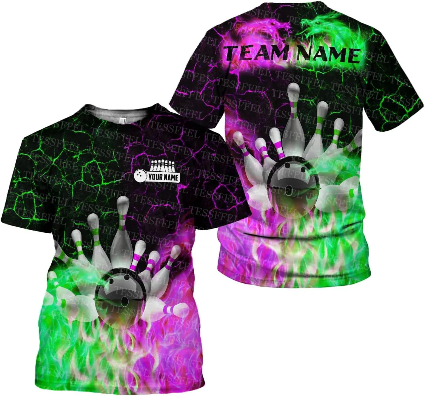 Custom Name Graffiti Flame Strike Bowling Player Colorful T-shirts Retro Vintage Harajuku 3DPrint Pullover Casual Short Sleeve 1