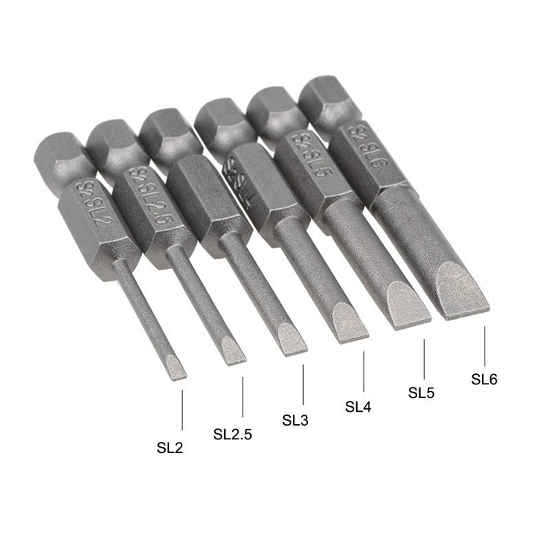 6pcs 50mm Slotted Screwdriver Bits Set SL2 SL2.5 SL3 SL4 SL5 SL6 1/4' Hex Shank Flat Head Magnetic Screw Driver Electric Drill