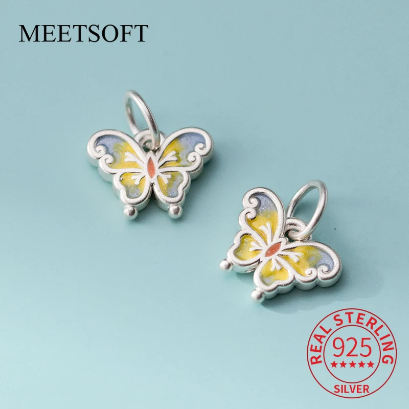 

S925 Sterling Silver Colorful Double-sided Butterfly Enamel Charms DIY Bracelet Necklace Handmade Woven Rope Material Accessory