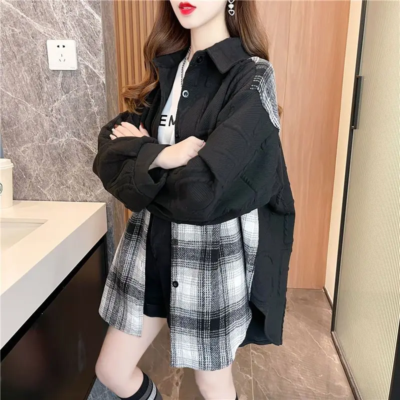 Fashion Design Splicing Plaid Jacket femminile di media lunghezza coreano primavera autunno cappotto camicia allentata capispalla top 2024 nuovo