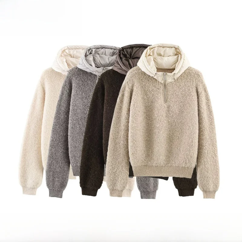 เสื้อคลุมไหมพรมถักแบบมีฮู้ดสำหรับผู้หญิง ฤดูใบไม้ร่วง ฤดูหนาว แขนยาว แต่งขนวงกลม ซิปหน้า ผ้าโพลีเอสเตอร์ แบบเปิด