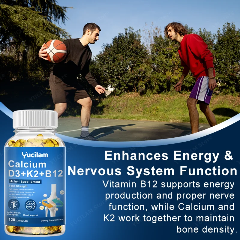 Vitamin D3 + K2 + B12 Calcium Capsule Daily Vitamin Supplement Supports Healthy Bones & Muscles & Heart & Energy & Mood Function