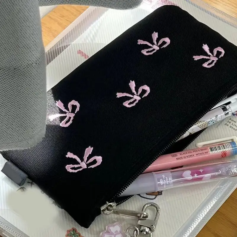 Stationery Storage Case Zipper Embroidery Bow Pencil Bag Exquisite Sewing Process Pencil Pouch For High School Middle School