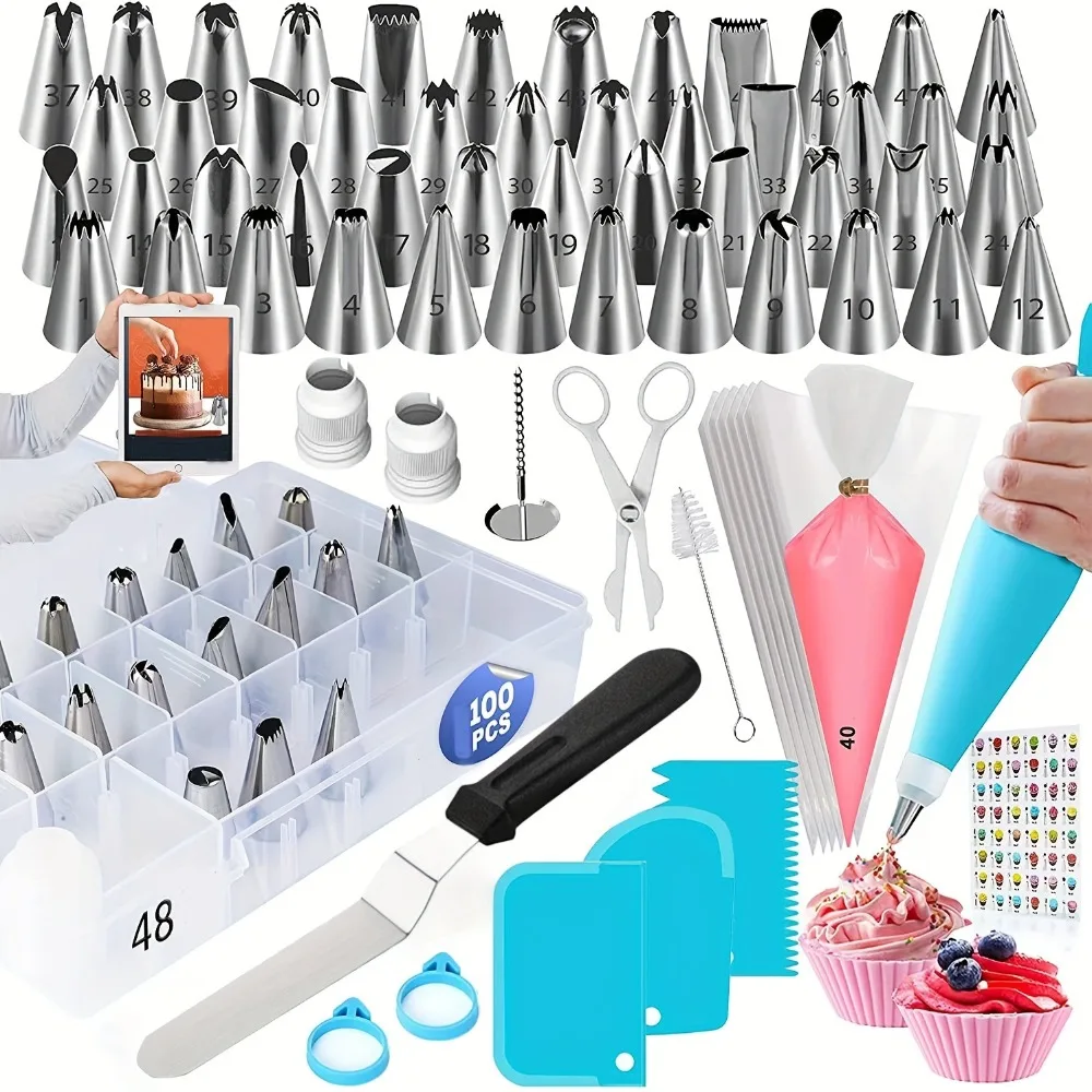 100PCS/SET Icing Piping Bags and Tips Set Decorating Supplies Kits Cupcake Icing Tips Cake Decorating Kit Baking Supplies