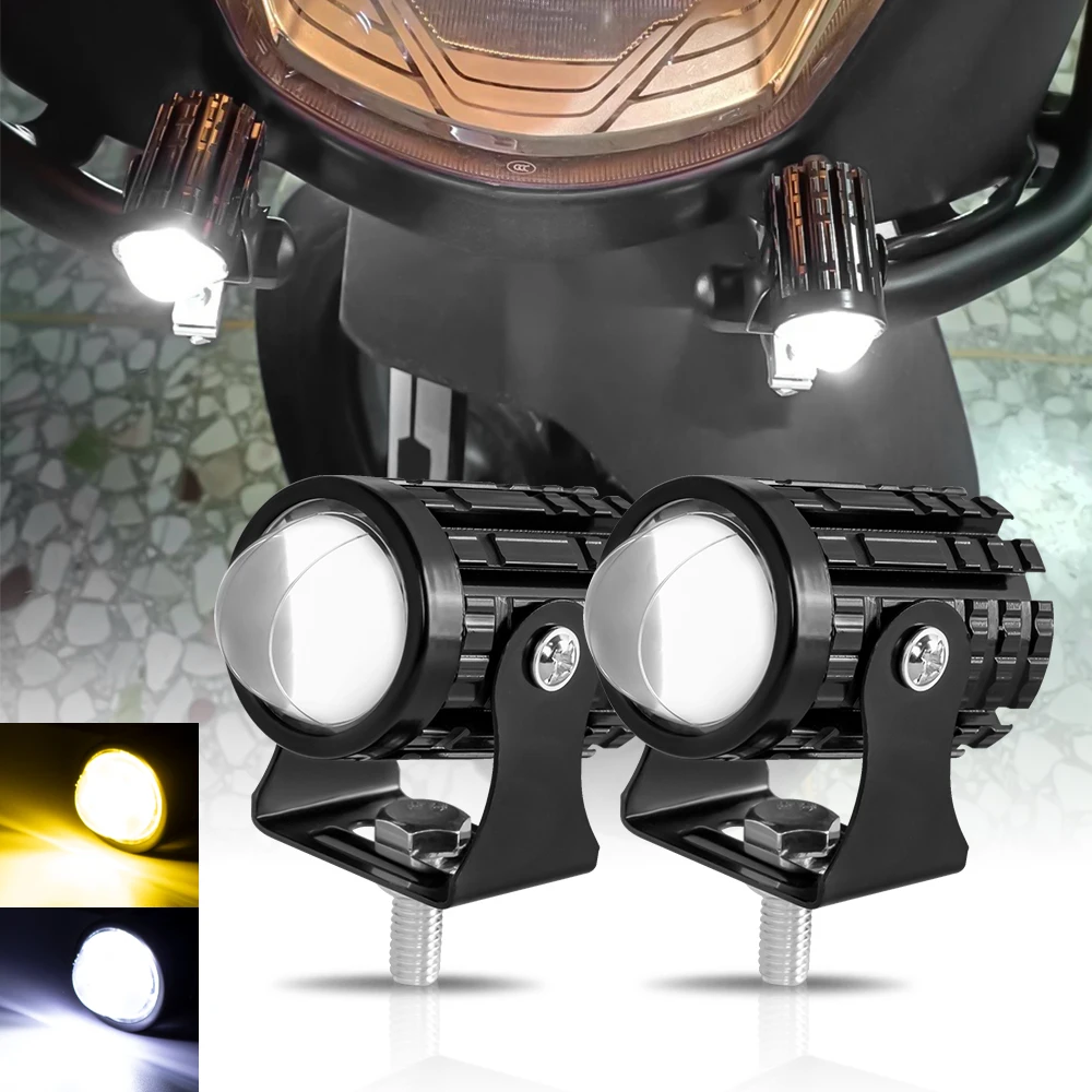 Motorcycle LED Spotlight Headlight Spot Fog Dual Colour LED Lens Hi/Low Beam Driving Lights Auxiliary Light