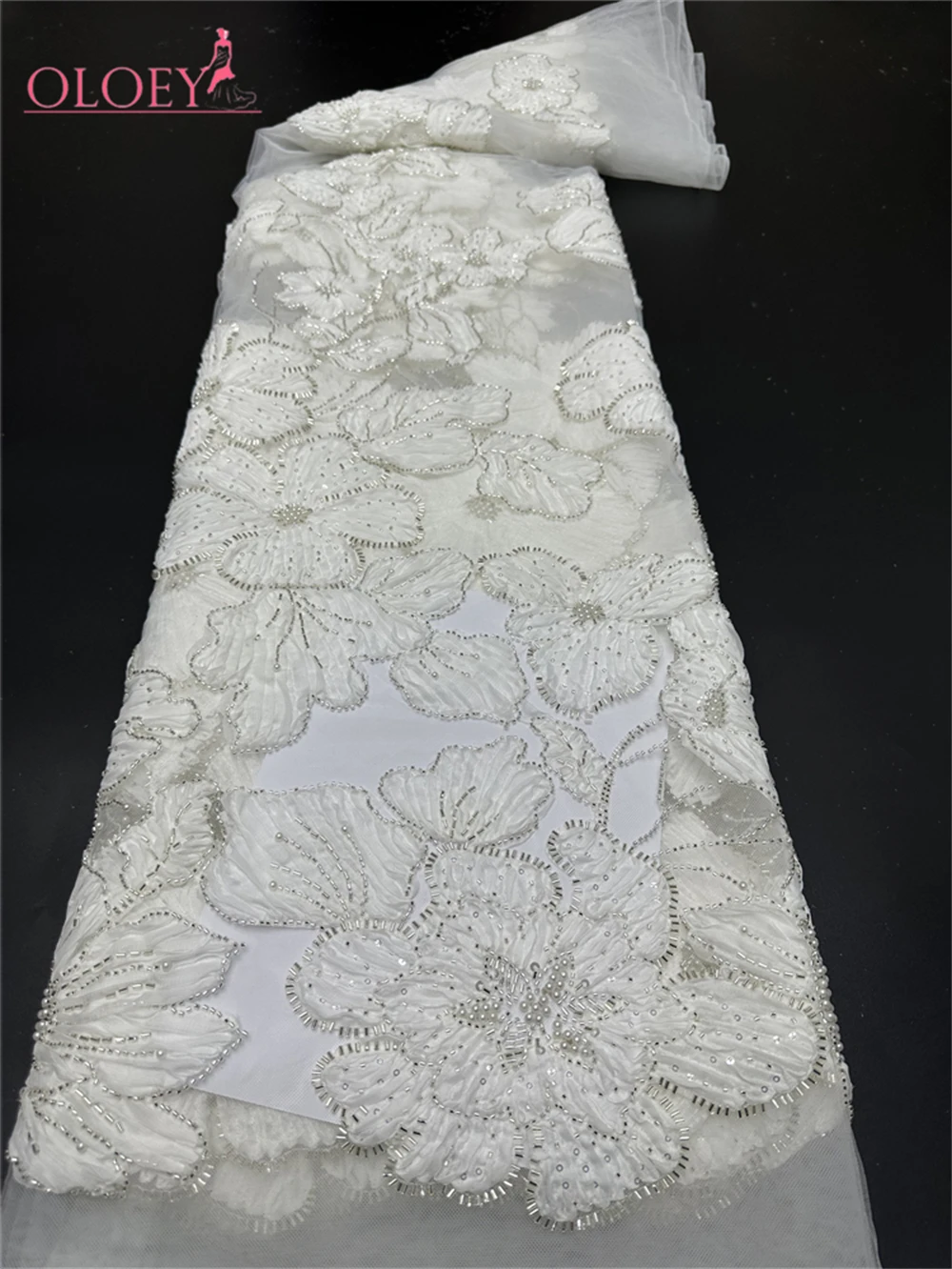 White 2024 Fashion French Embroidery Beaded Lace Fabric African Nigerian With Sequins Lace Fabric For Wedding Dress