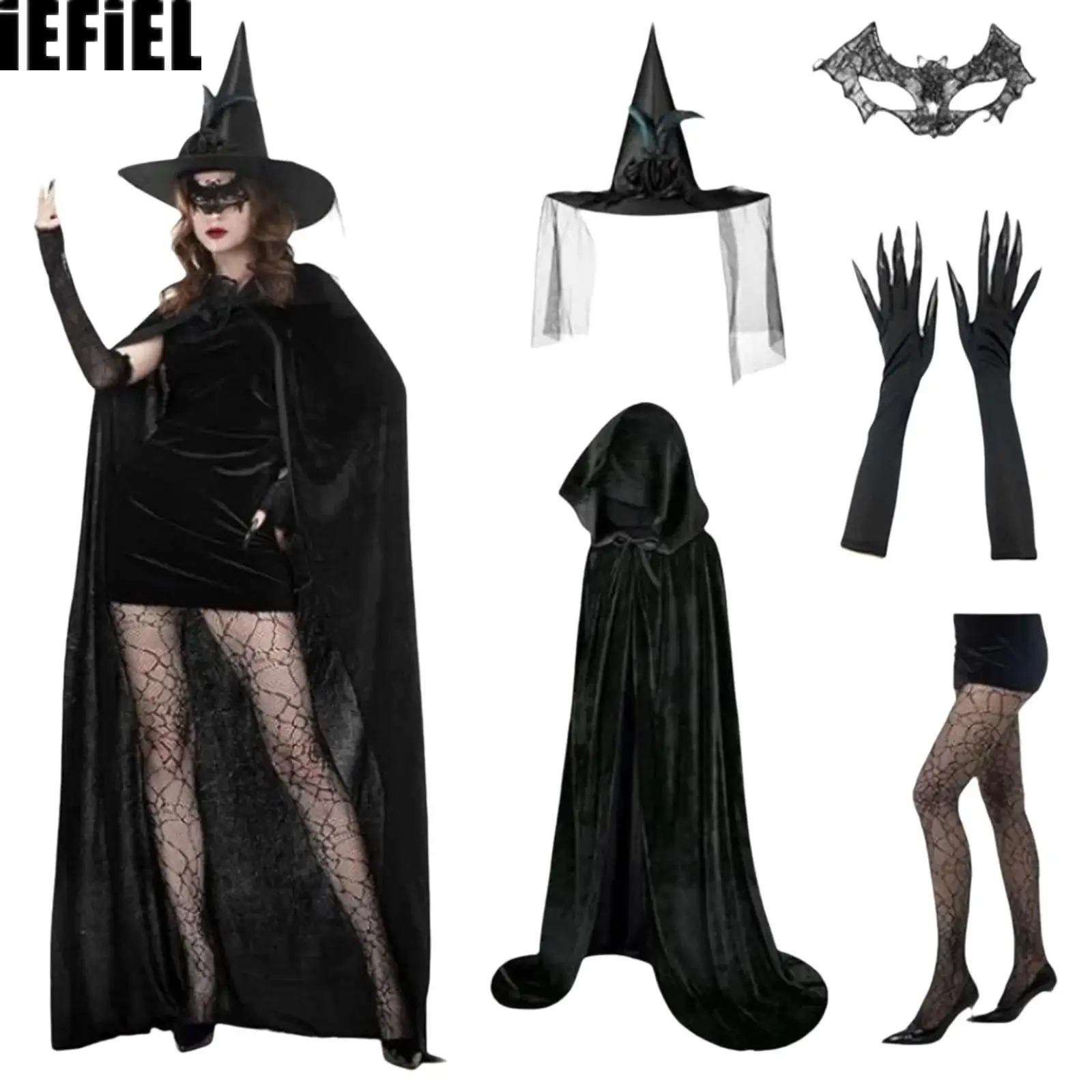 Zestawy akcesoriów na Halloween dla wiedźm z peleryną z kapturem, czapką wiedźmy, maską na twarz, niektóre z rękawicami i pończochami dla kobiet do cosplayu.