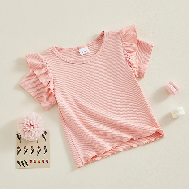 

12 18 Months 2T 3T 4T 5T Toddler Baby Girl Summer Shirts Ribbed Ruffle Short Sleeve T Shirt Top Basic Plain Blouse