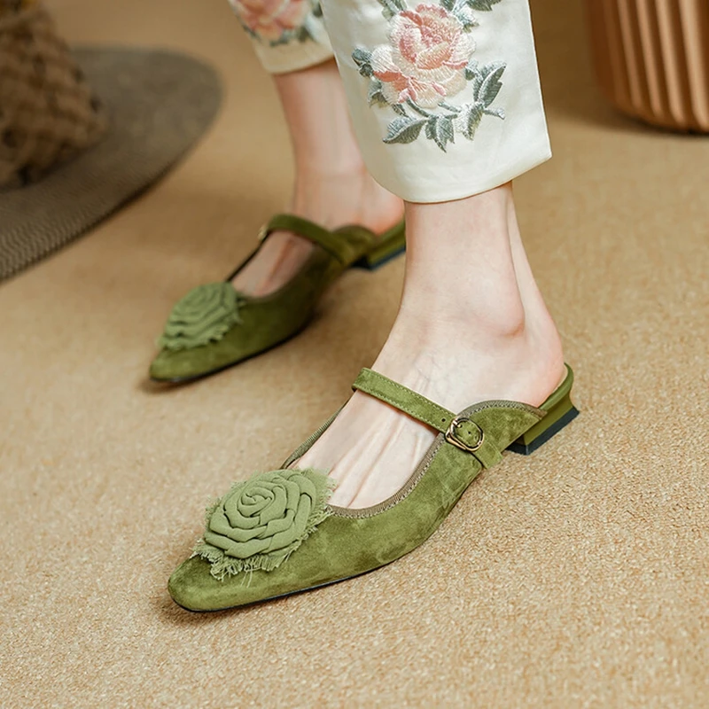 NEW Summer Women Mules Sheep Suede Leather Shoes for Women Square Toe Low Heel Slippers Cover Toe Slingback Flower Green Sandals