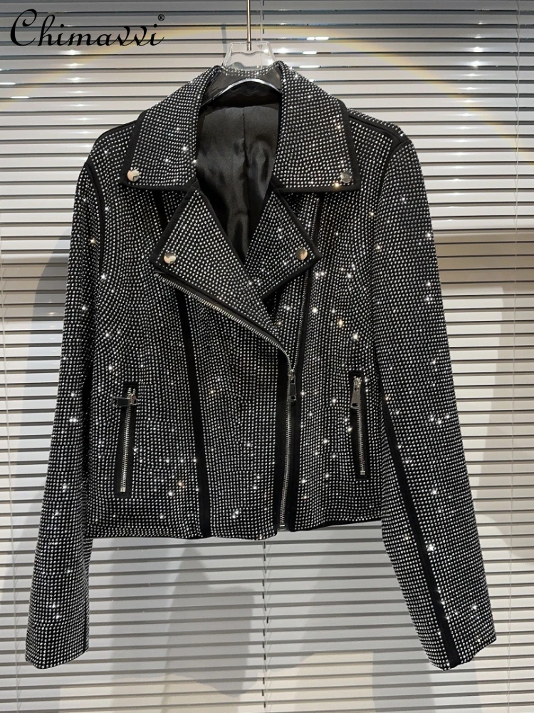 Hot Girl Full Diamond Oblique Zipper Heavy Industry Short Coat Autumn New Polo Collar Long Sleeve Rhinestone Jacket for Women