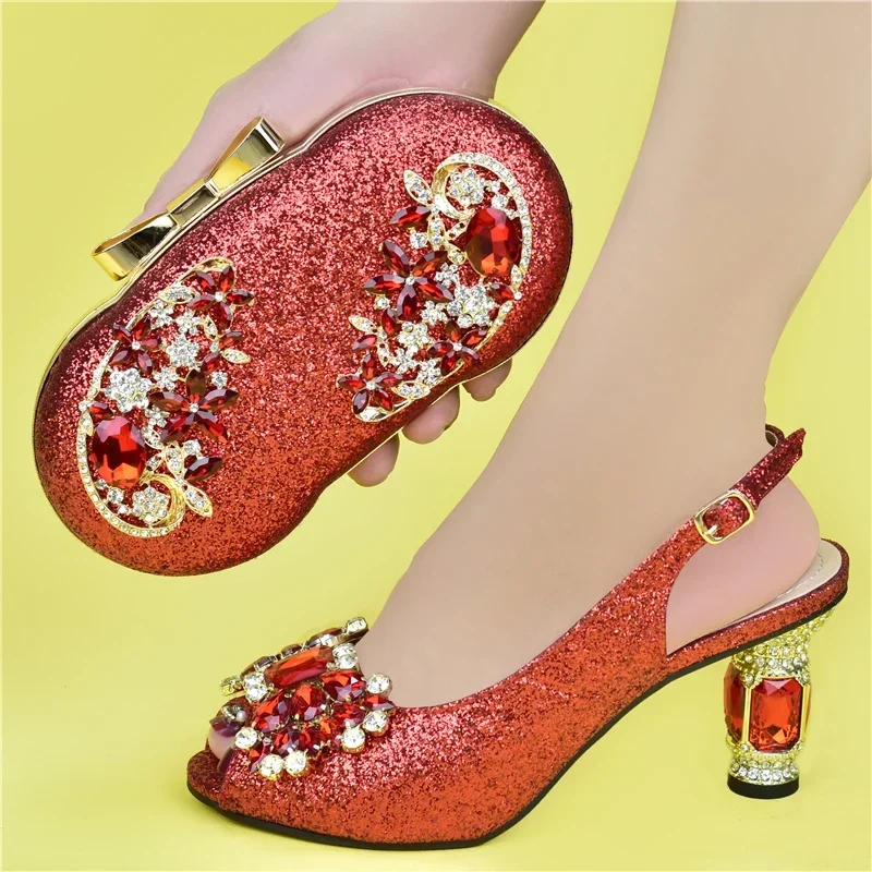 Latest Fashion Women Matching Shoes and Bag Set Decorated with Rhinestone High Heels Sexy Ladies Wedding Shoes for Women Bride