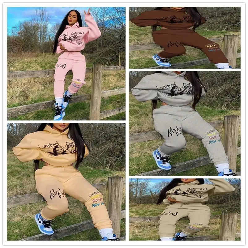 

Женский спортивный костюм из двух предметов больших размеров, модный спортивный костюм с длинным светом и принтом, осенняя коллекция