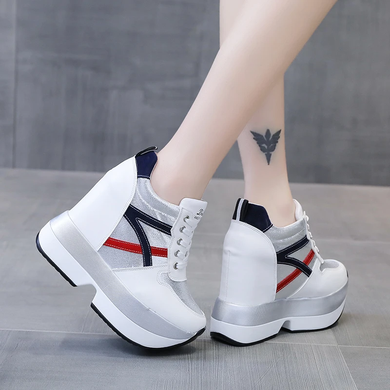 Autumn Women High Platform Shoes Height Increasing Casual Shoes 12 CM Thick Sole Trainers Breathable Shoes Women Sneakers