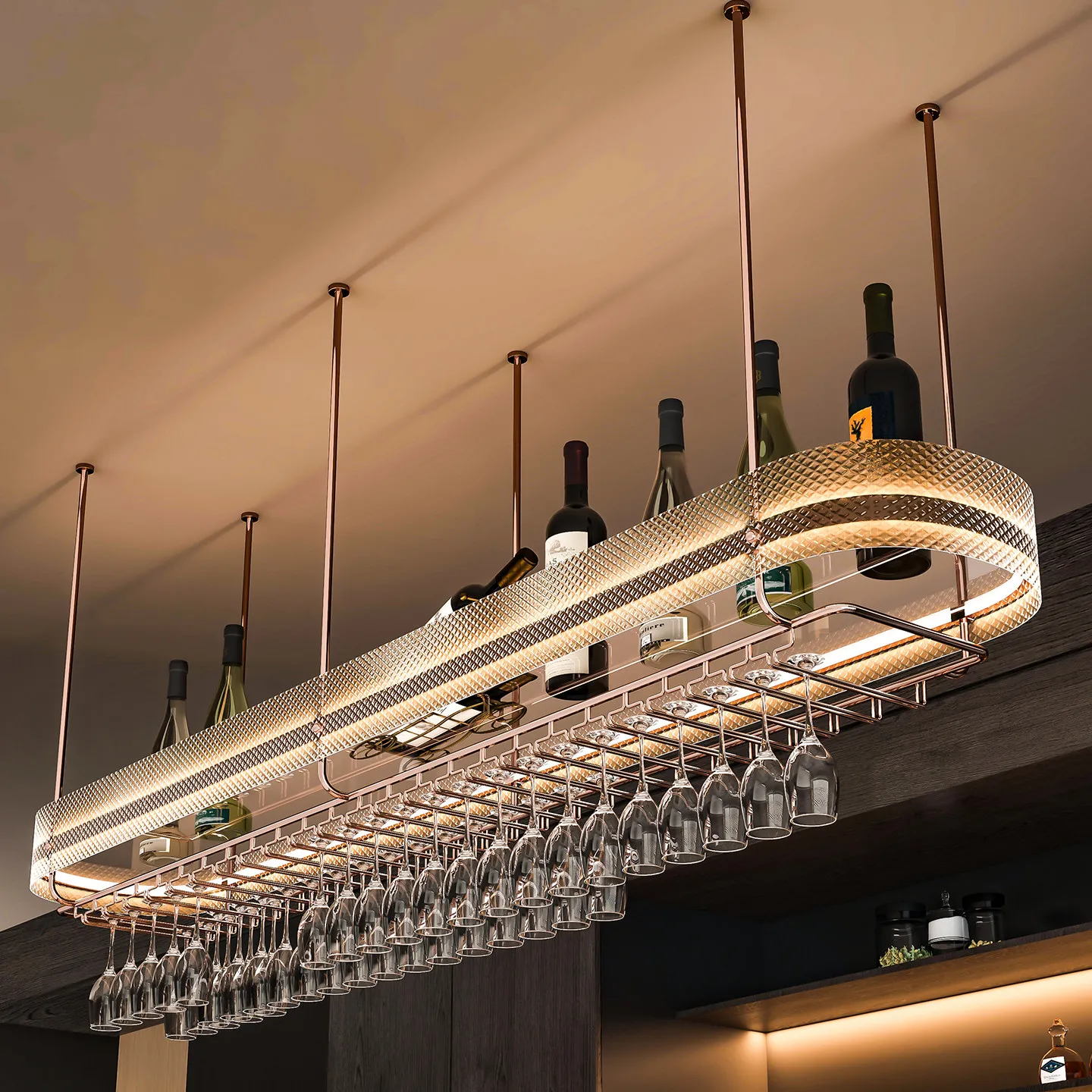 Bar Stainless Steel Oak Wine Rack Hanging Glass Cabinet Illuminated Wall-Mounted Cup Holder Red Wine Glass Upside-Down Storage