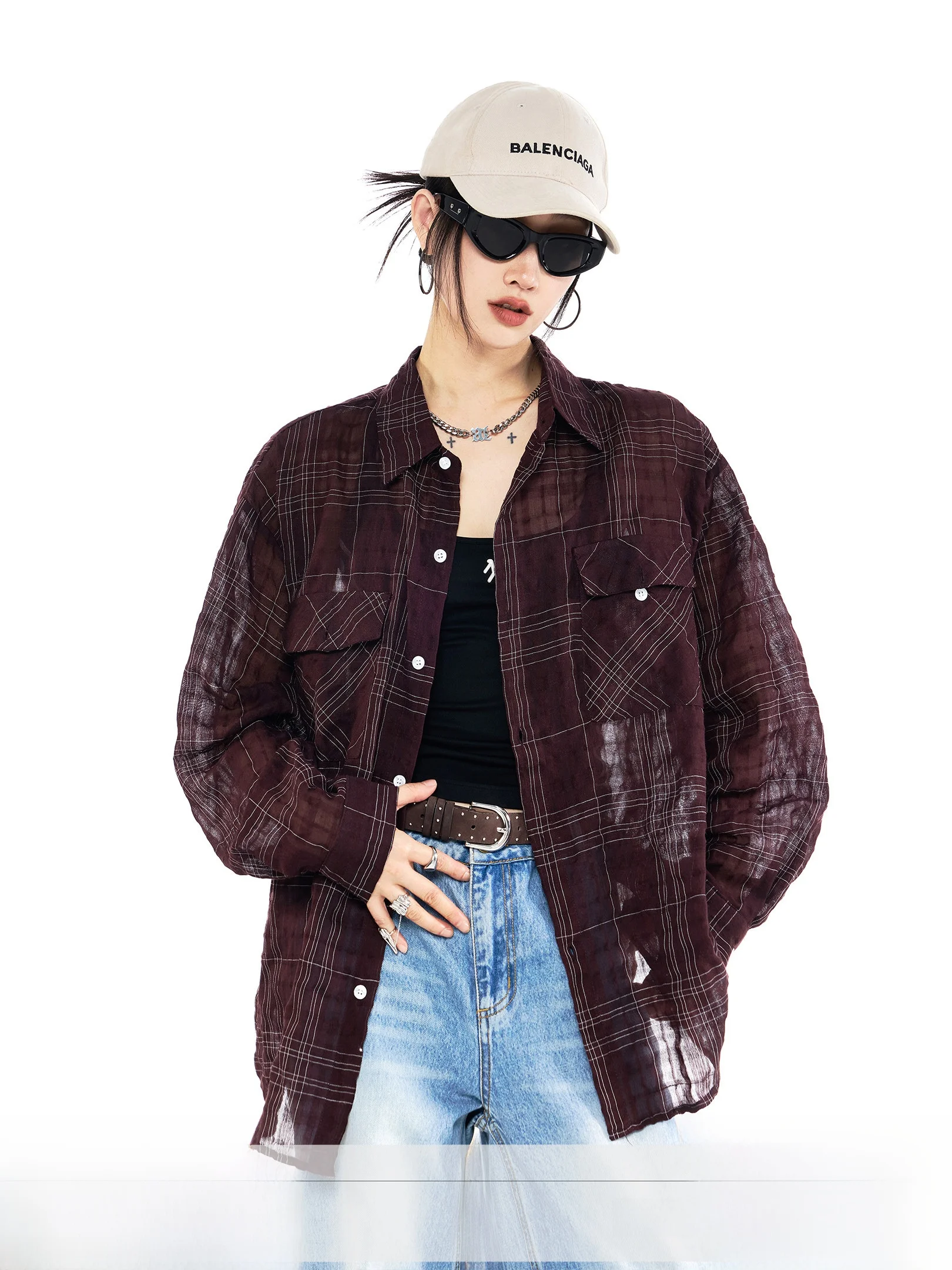 

Lightweight Loose Plaid irt Women Summer Lazy Match Long Sve Top Coat Casual Sle Polyester Cotton Blend Regular Length