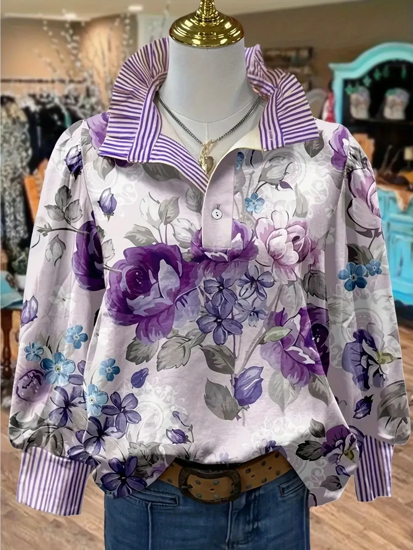 Ladies' 2026 New Arrival Top: Retro Fashion Shirt, Simple and Versatile for Any Occasion,Purple striped shirt