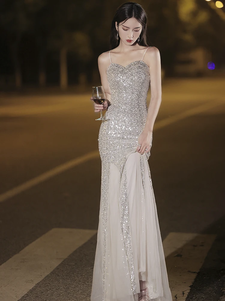 Robes de soirée de luxe 2025 été nouveau mince Sexy étincelle maille couture queue de poisson Spaghetti sangle fête dames robe de demoiselle d'honneur