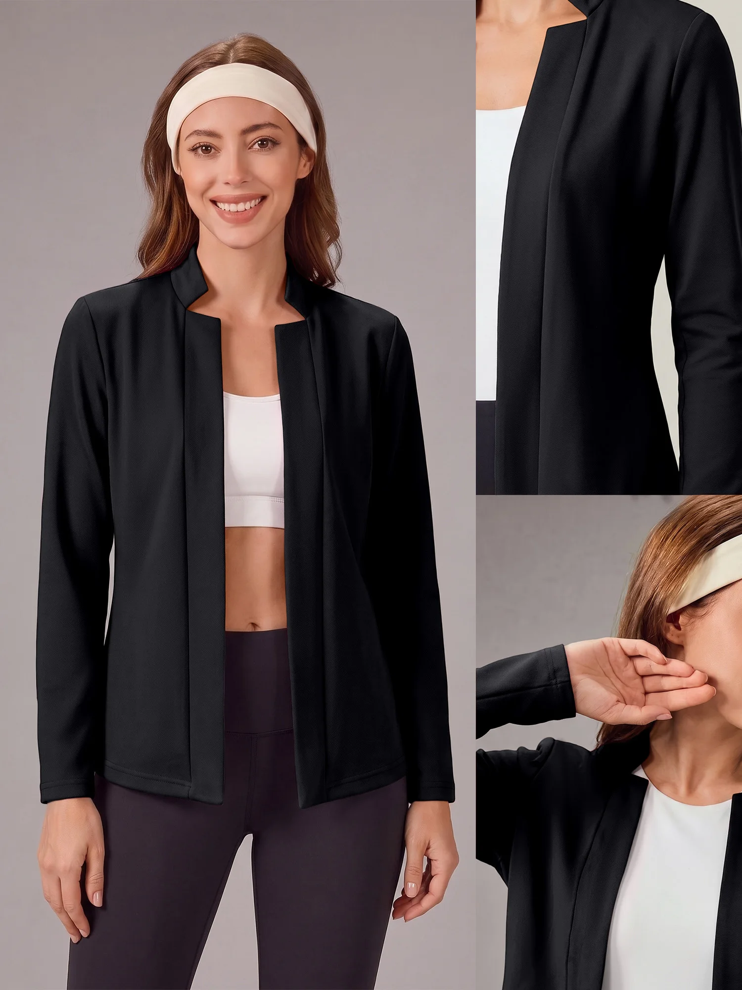 Female Long Sleeve Open Front Blazer Stand Collar Solid Slim Fit Elegant Office Lady Commuter Jacket