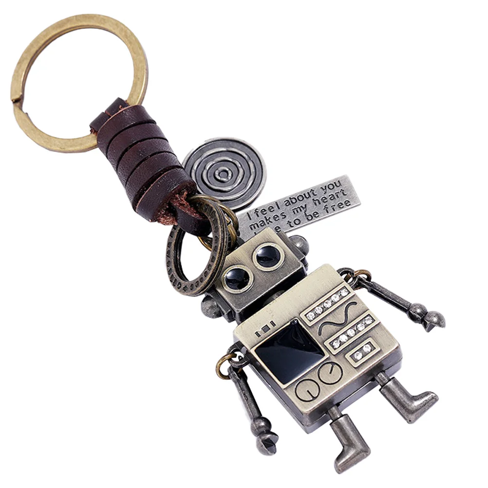 to Weave Robot Keychain Child Keychains Bag Pendant Cowhide Novelty Ring Vintage