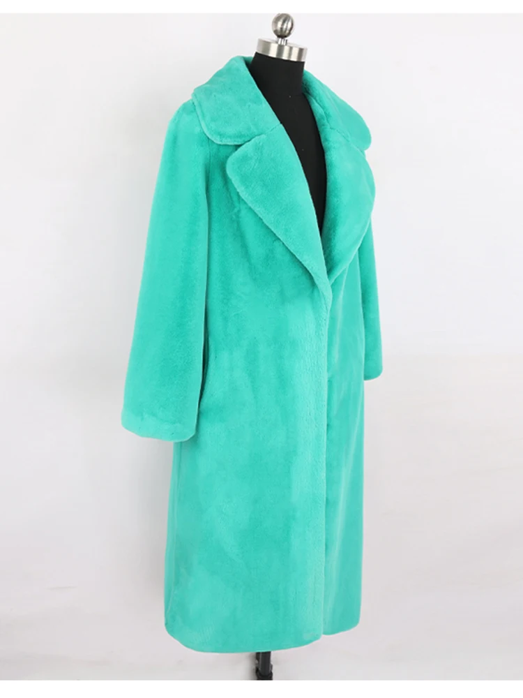 Nerazzurri Winter Green Thick Warm Soft Long Fluffy Faux Fur Coat Women Lapel Casual Luxury Korean Fashion 4xl 5xl 6xl 7xl 2022