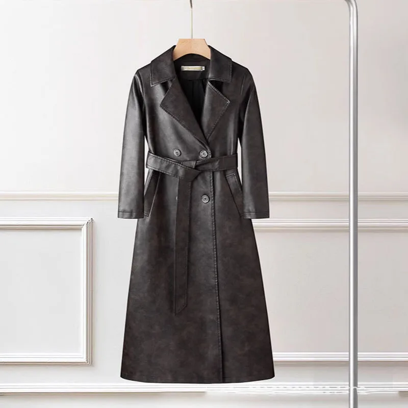 Giacca lunga da donna in pelle PU Primavera Autunno Fusciacche Giacca a vento con risvolto Cappotto doppiopetto americano High Street Fashion